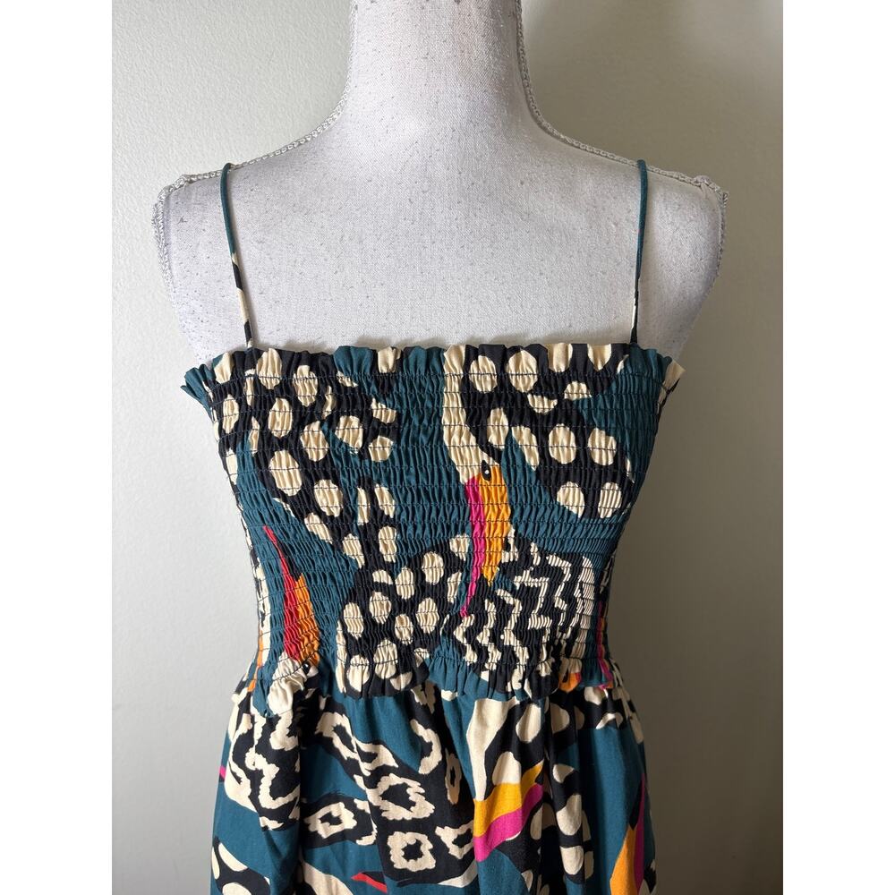 Farm Rio Dark Green Tucan Smocked Cotton Maxi Dress Sz M - Picture 2 of 5